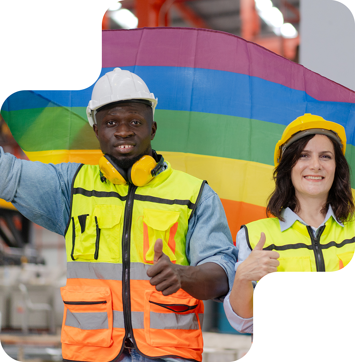 Two workers wearing hard hats and vests, holding a pride flag behind them, in a tone of pride and solidarity