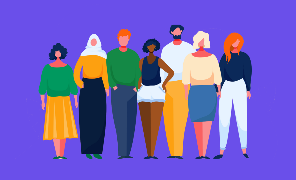 Diverse multinational group of people. Multicultural and multiethnic crowd. Vector illustration with cartoon characters. Man and woman of different nations stay together as a team