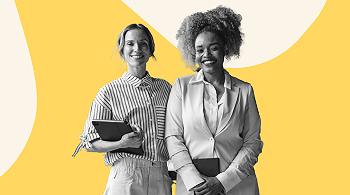 Two professional women smiling confidently, with one holding a tablet and the other a notebook, set against a bright yellow and white background, showcasing empowerment and collaboration in the workplace.