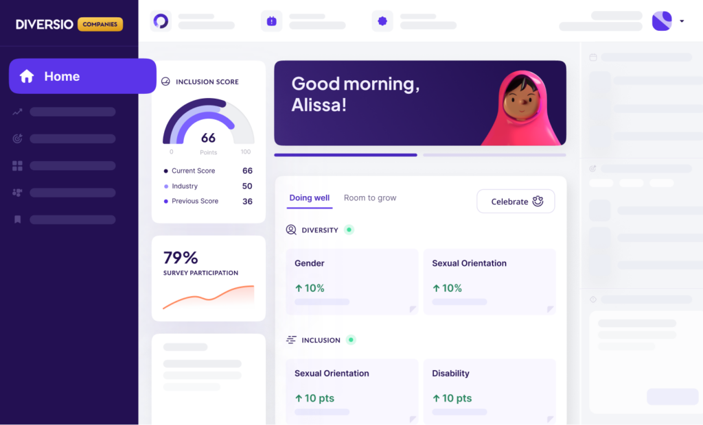 Home page of Diversio Platform V 3.0, providing improved DEI reporting with cutting-edge features to reduce churn
