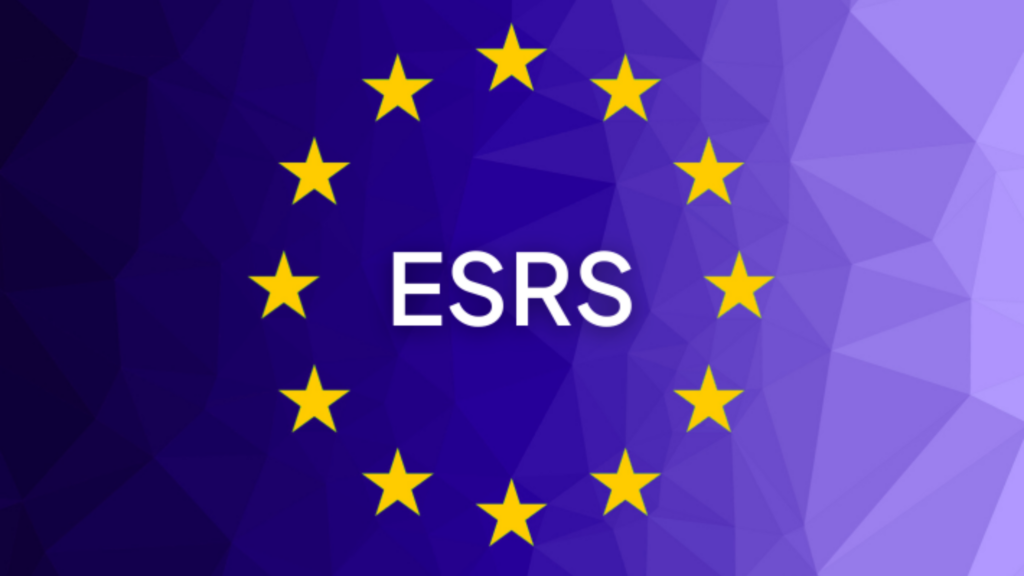 ESRS logo on a blue background with yellow stars forming a circle, representing the European Union's Sustainability Reporting Standards