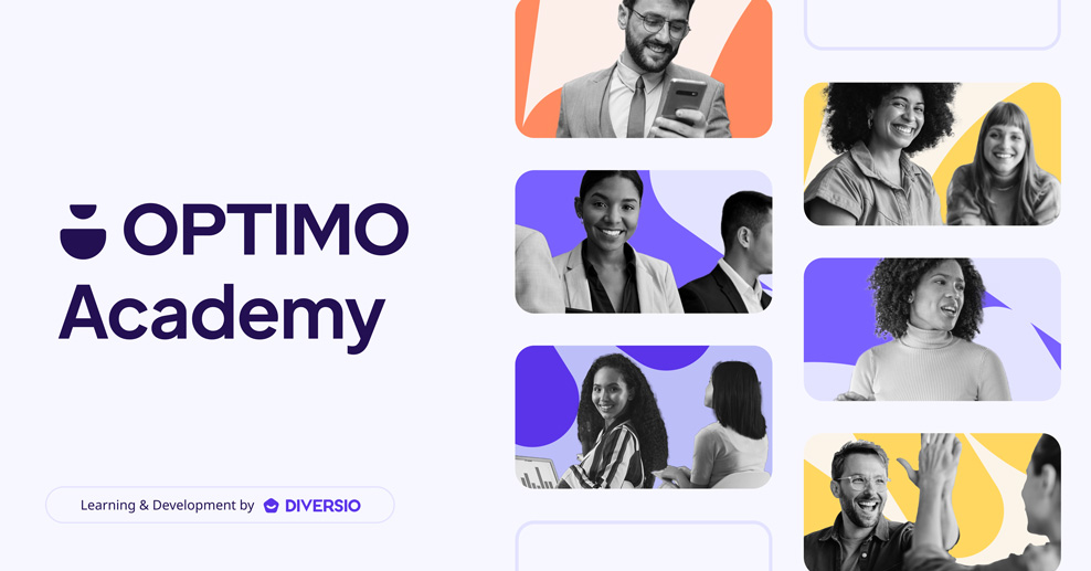  Optimo Academy banner featuring diverse professionals and abstract colorful backgrounds.