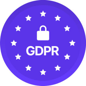 GDPR compliance badge with a lock symbol and stars around the border in a purple circular design