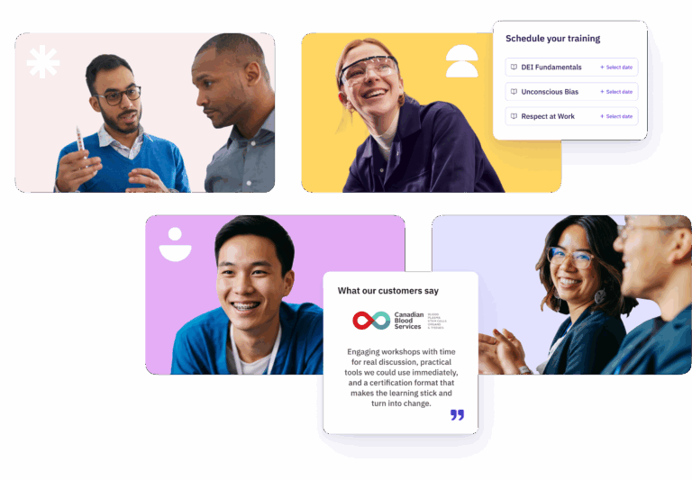 Professionals collaborating and learning during Diversio training workshops, featuring smiling participants, interactive discussions, and a testimonial from Canadian Blood Services about engaging and practical sessions.
