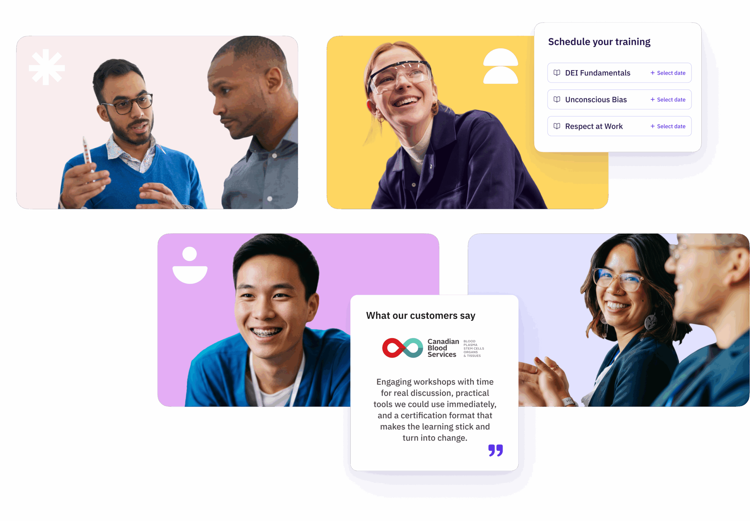 Professionals collaborating and learning during Diversio training workshops, featuring smiling participants, interactive discussions, and a testimonial from Canadian Blood Services about engaging and practical sessions.
