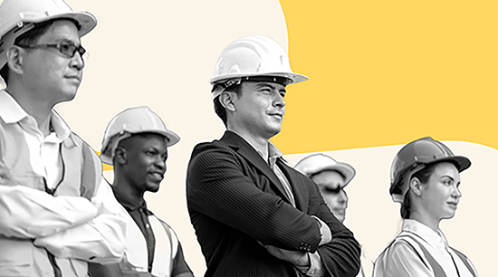 Image shows a diverse group of construction workers and a supervisor, all wearing hard hats. The supervisor, standing confidently with arms crossed, is at the forefront while the others stand attentively behind him. They all wear safety vests, and the background features a contrasting yellow and white color scheme. The group appears to be focused and ready for work, reflecting a sense of teamwork and preparedness.