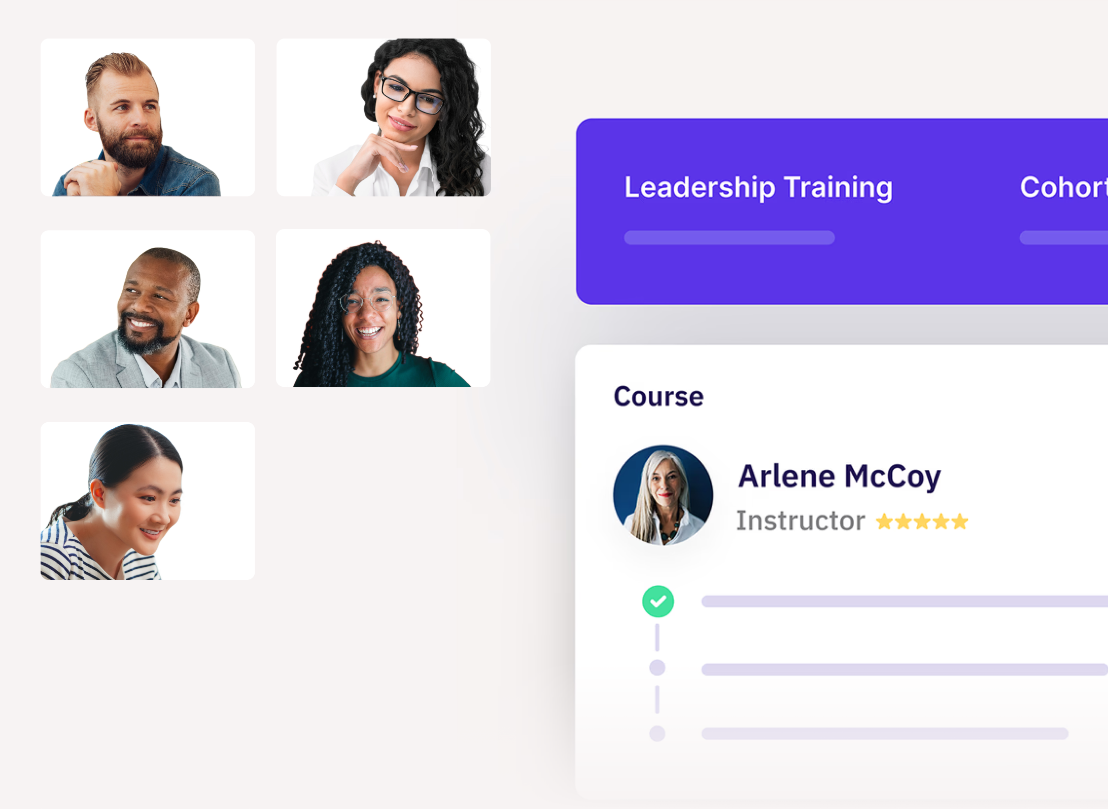 Leadership training cohort interface. Left side shows a grid of diverse participants. Right side displays a course panel featuring instructor Arlene McCoy with a 5-star rating and a progress checklist.