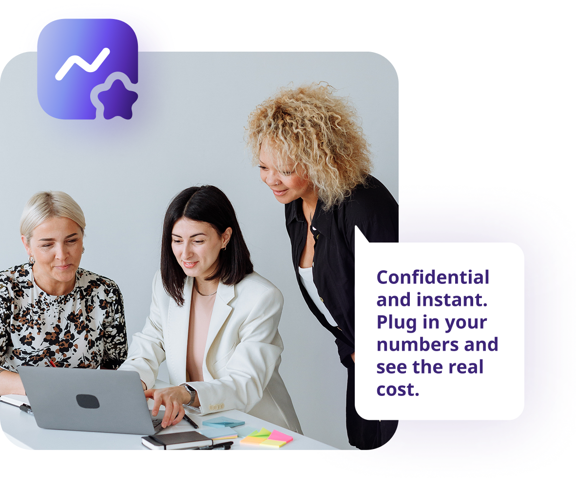 Three women in business attire collaborating around a laptop, reviewing employee turnover cost data in an office setting