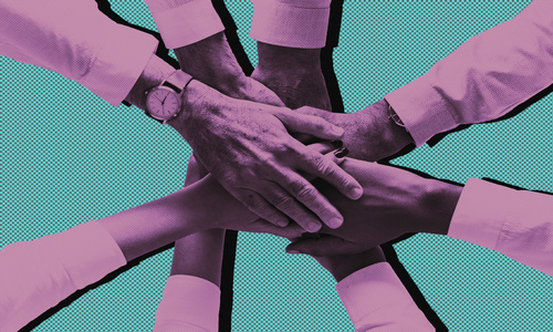 Six hands from different individuals, stacked together in a display of teamwork and unity, set against a textured, turquoise background. The image is stylized with a purple overlay, symbolizing collaboration and solidarity.