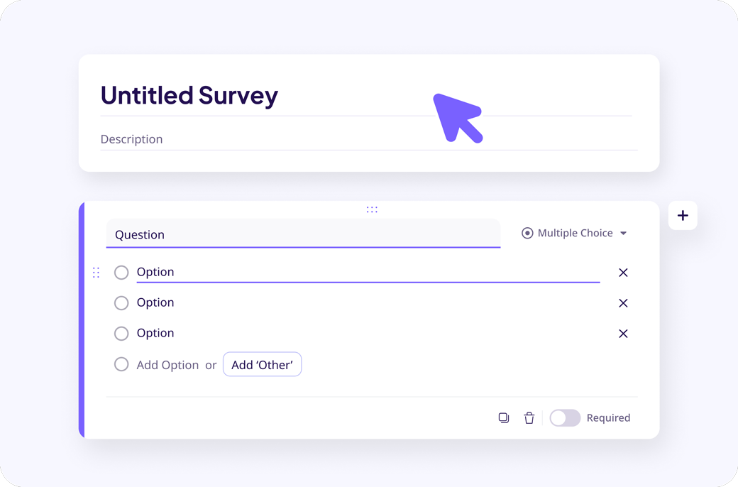 Survey creation interface with fields to enter survey title, description, and customizable multiple-choice questions, including option to add new choices.