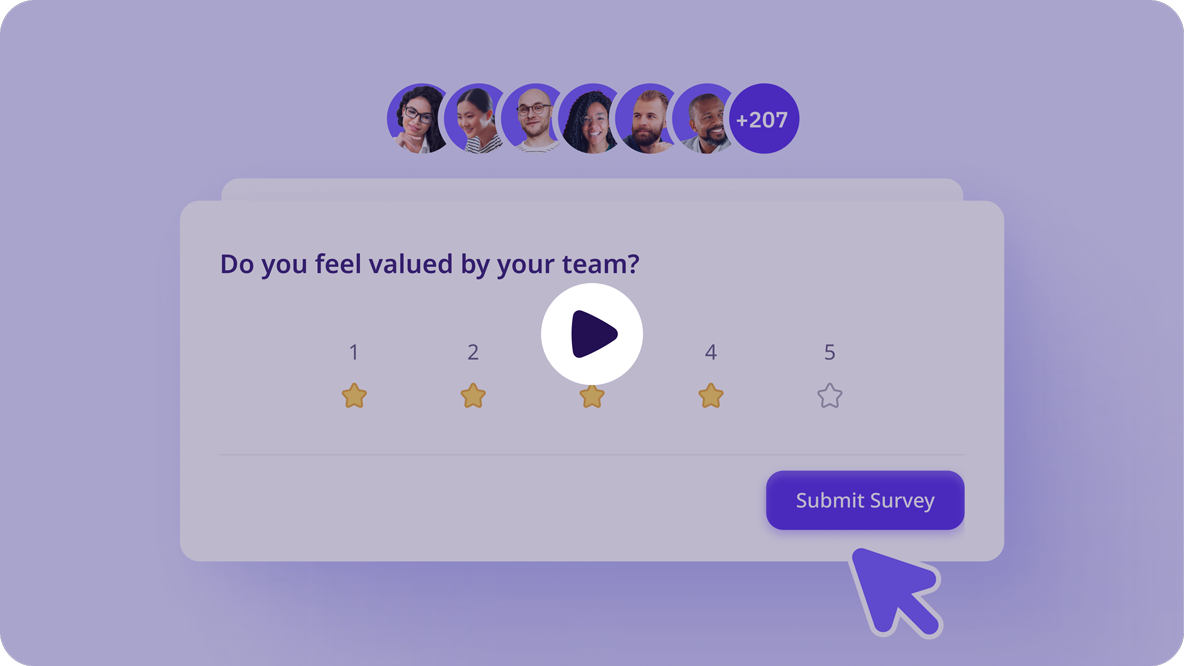 Pulse Survey submission screen showing a 1 to 5 star rating question, ‘Do you feel valued by your team?’, with a purple ‘Submit Survey’ button.
