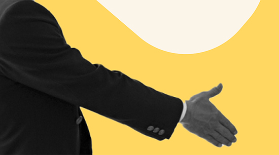 Image shows a person in a suit extending their hand for a handshake. The arm and hand are the main focus, with the background featuring a contrasting yellow and beige color scheme. The image conveys a sense of professionalism, greeting, and the beginning of a business interaction or agreement.