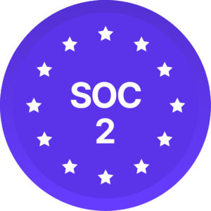 SOC 2 compliance badge with stars around the border in a purple circular design