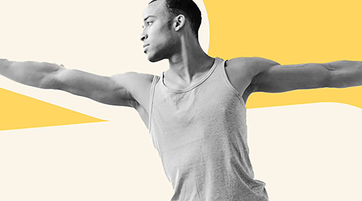 Image shows a young man with a muscular build, wearing a tank top, stretching his arms out to the sides. He is looking to his left, and his body is positioned in a way that suggests he is engaged in a fitness or dance activity. The background features a contrasting yellow and beige color scheme. The image conveys a sense of strength, flexibility, and concentration.