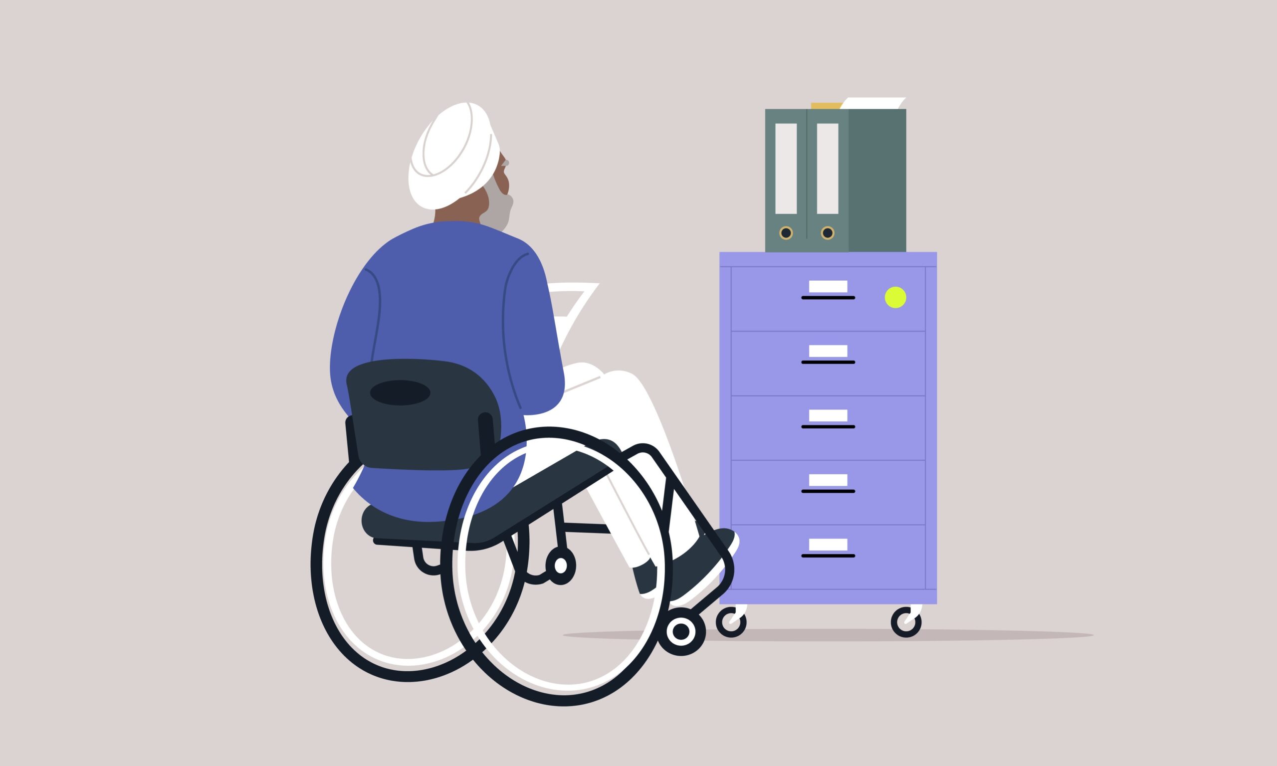 Accessibility in Action, a senior character in Wheelchair at an Organized Office Space, A person with disability engages with a file cabinet in a tranquil work setting