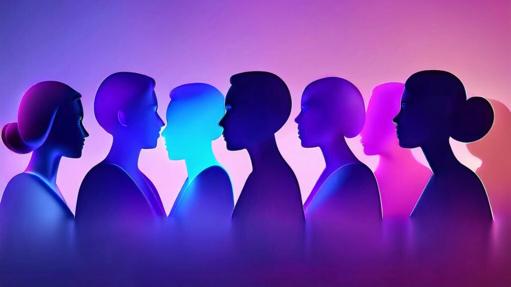 Silhouettes of diverse individuals facing each other against a vibrant gradient background, symbolizing inclusion, diversity, and unity.