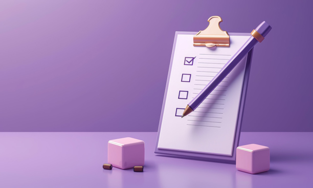 3D illustration of a purple checklist and pen symbolizing HR leaders’ year-end planning and compliance tasks for 2025–2026.
