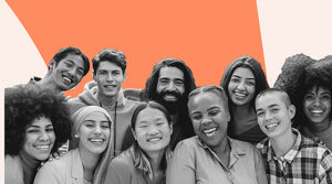 A diverse group of smiling individuals standing close together, set against a vibrant orange and white background, symbolizing joy, unity, and inclusivity.