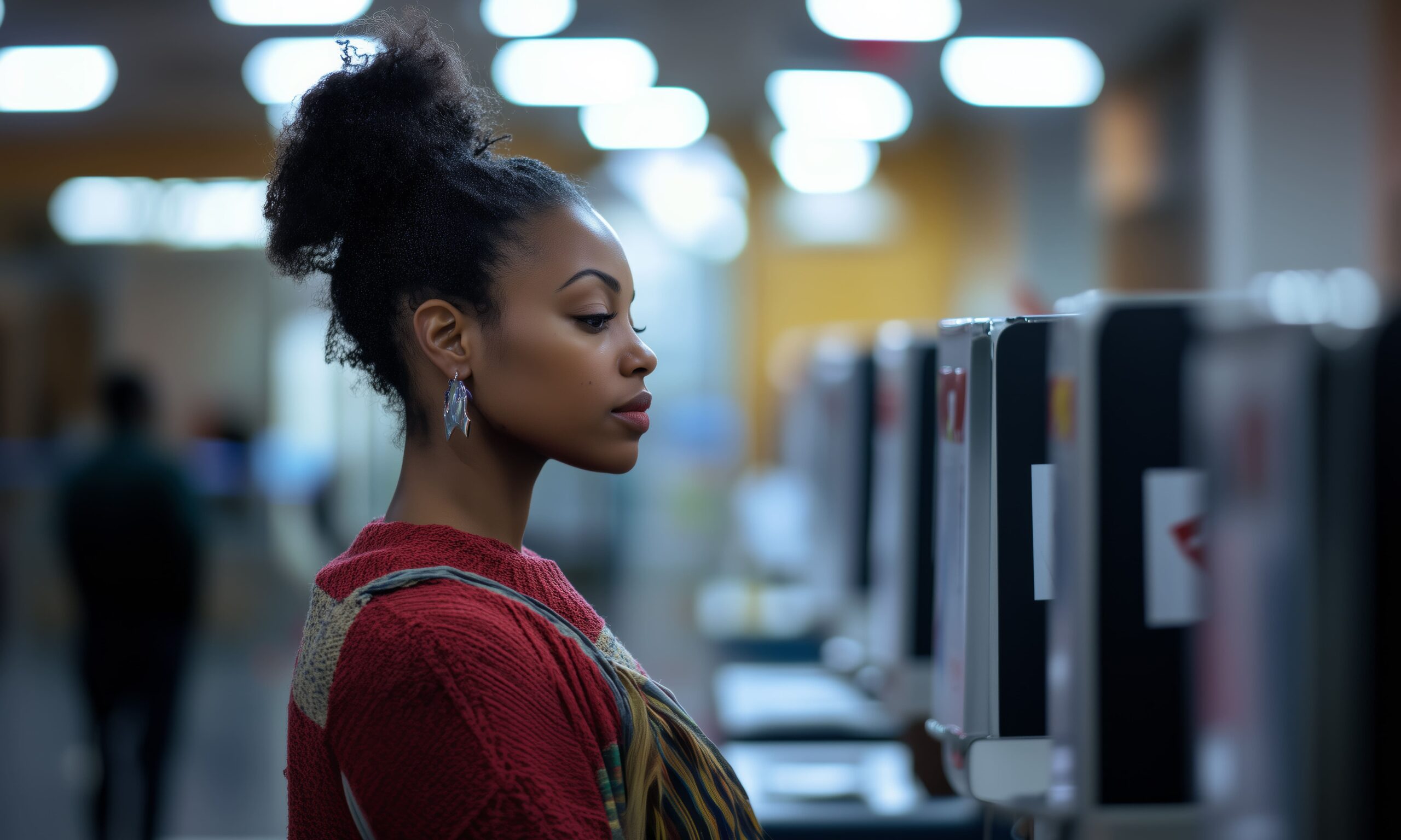 Young woman standing thoughtfully at a voting booth in a brightly lit polling station.