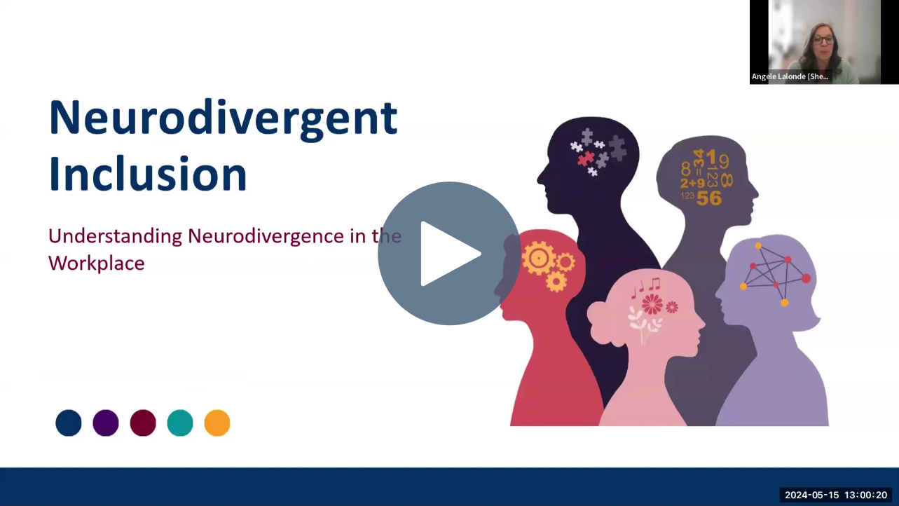 Neurodivergent Inclusion: Understanding Neurodivergence in the Workplace" by CCDI Consulting, now Diversio. Hosted by Angle Lalonde with guest Kristin Light. Features illustrations of diverse profiles with different symbols representing neurodivergence.