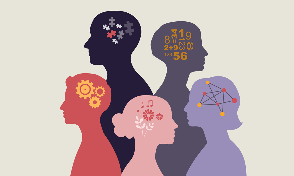Diverse silhouettes representing different ways of thinking - puzzle pieces, mathematical symbols, gears, musical notes, and network connections inside colorful head profiles illustrating neurodiversity and cognitive differences in the workplace