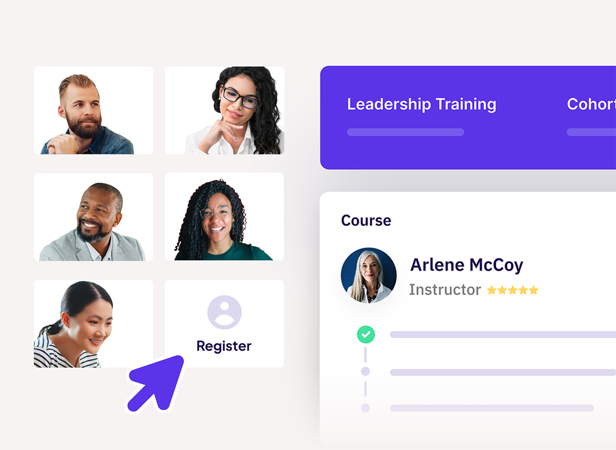 Interface showing a leadership training course with instructor Arlene McCoy and a 5-star rating. On the left, a grid displays diverse participant headshots. The bottom-right tile includes a person icon with the word ‘Register’ and a large purple arrow pointing to it, indicating the call to action. A purple navigation tab above highlights ‘Leadership Training’ and ‘Cohort’