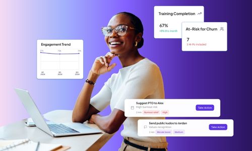 Optimo platform interface showing manager dashboard with engagement trends, training completion at 67%, churn risk alerts for 7 employees including 3 high-potential staff, and actionable recommendations like suggesting PTO and sending recognition - woman smiling while using laptop