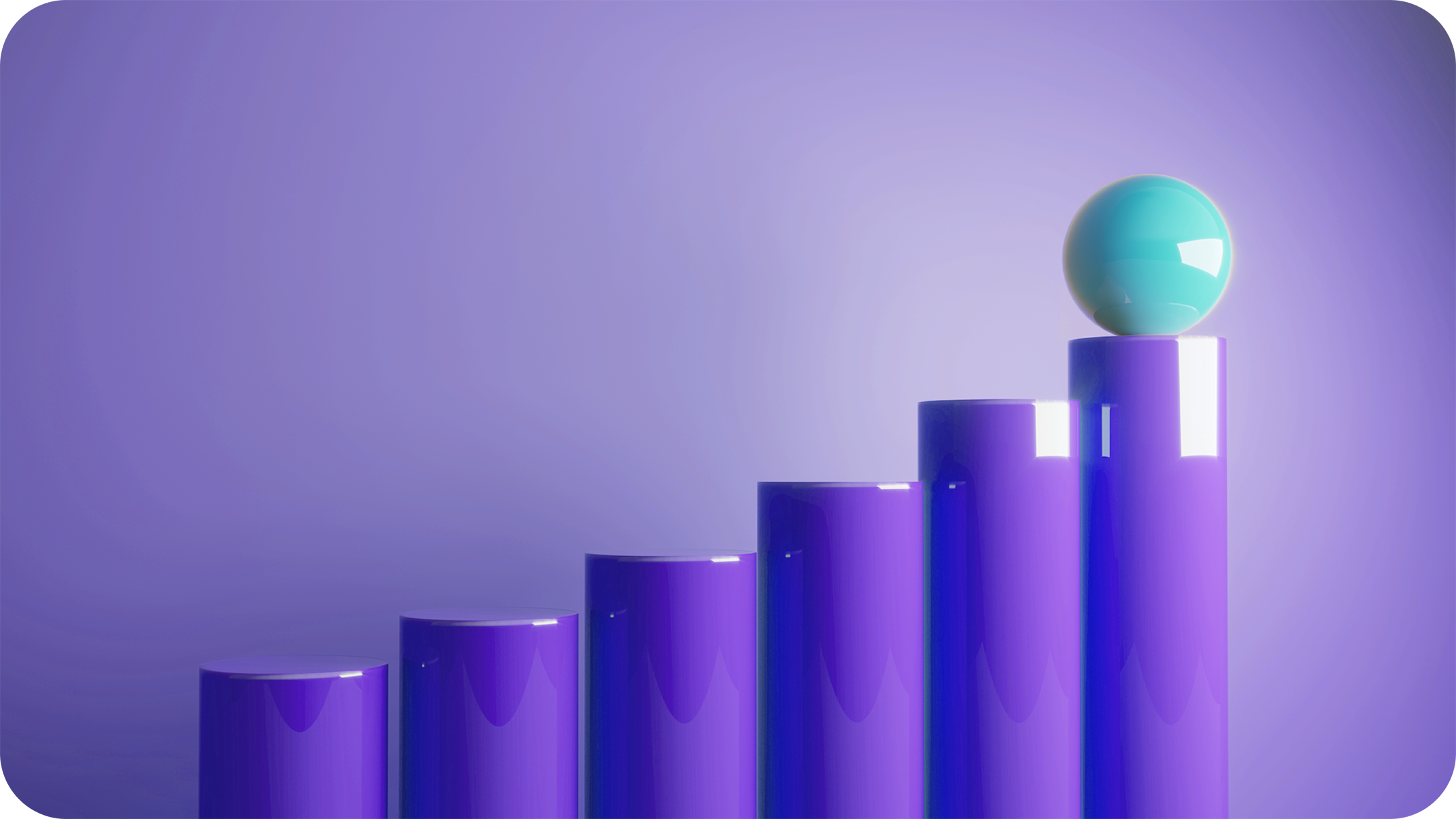 A purple bar graph made of cylindrical bars is illustrated with a blue marble on the highest bar to the right.