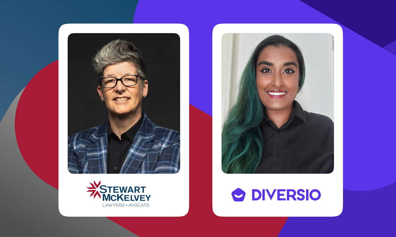 Headshots of event speakers Lynn Iding from Stewart McKelvey and Sheena Prasad from Diversio, set against a colorful geometric background with their organization logos below each portrait.